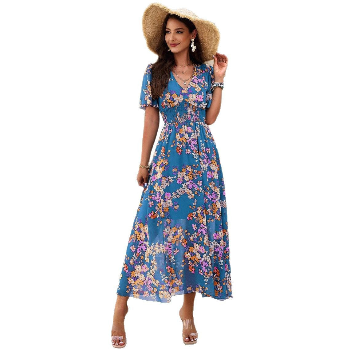Women's Floral Print Chiffon Dress – Short Sleeve, Waist-Tied