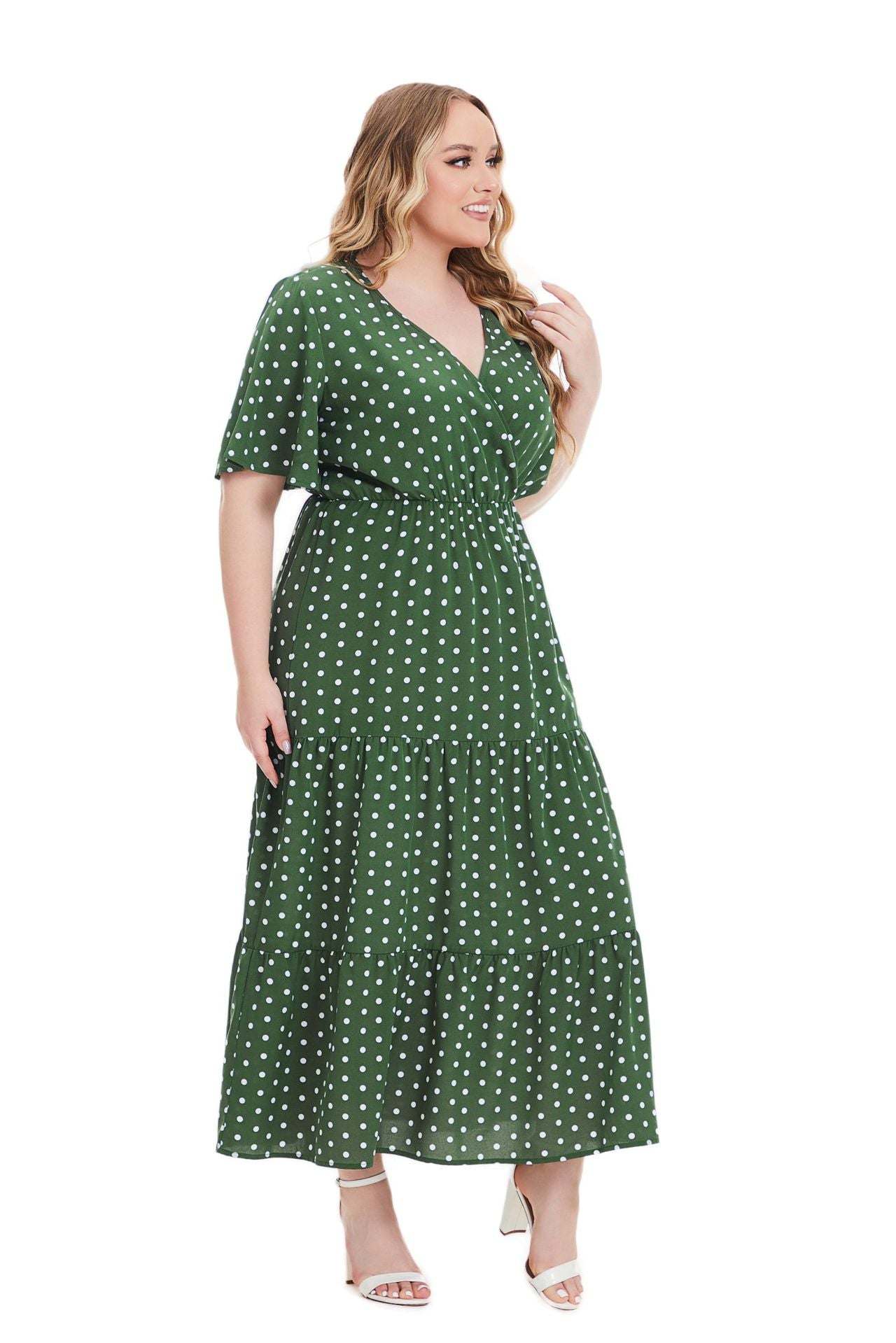 Plus Size Polka Dot V-Neck Swing Dress