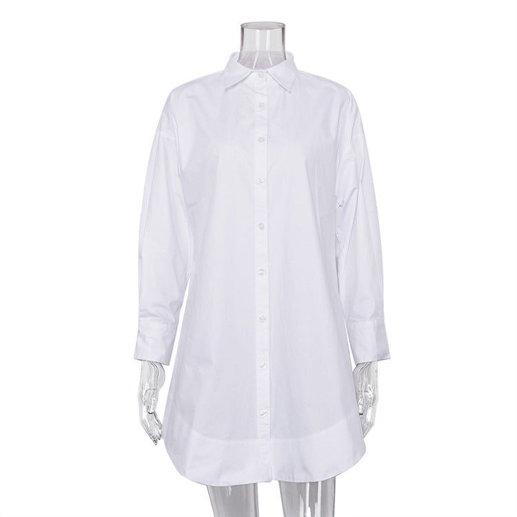 Oversized Fall White Button-Down Cotton Shirt for Women