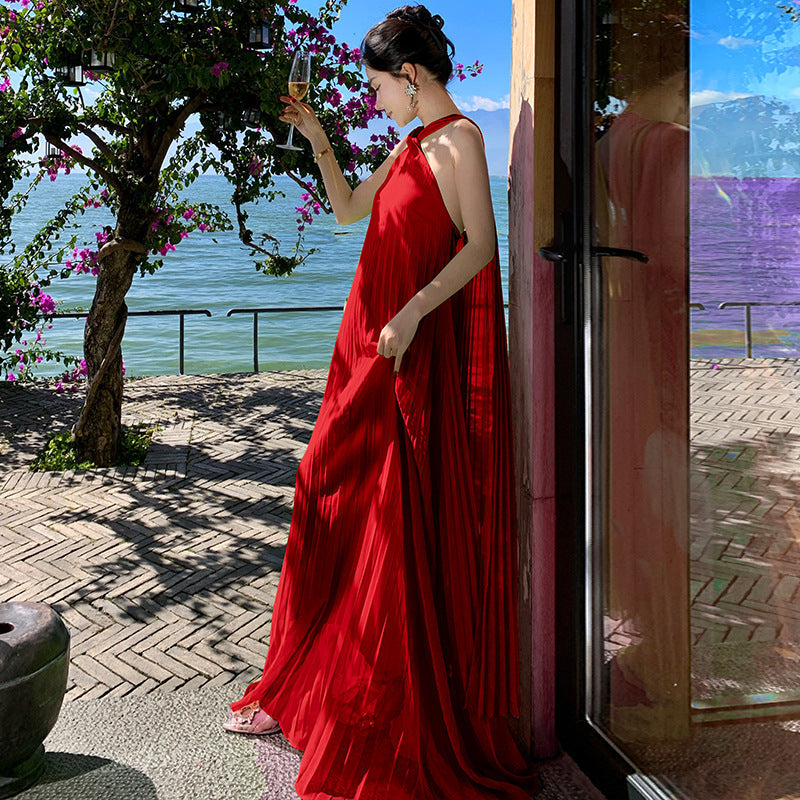 Elegant Neck-Tie Flowy Ruffle Dress – Maxi Pleated Skirt, Resort Vacation & Beach Cover-Up