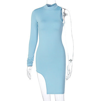 Sexy High Neck One Shoulder Mini Dresses-Dresses-Blue-S-Free Shipping at meselling99