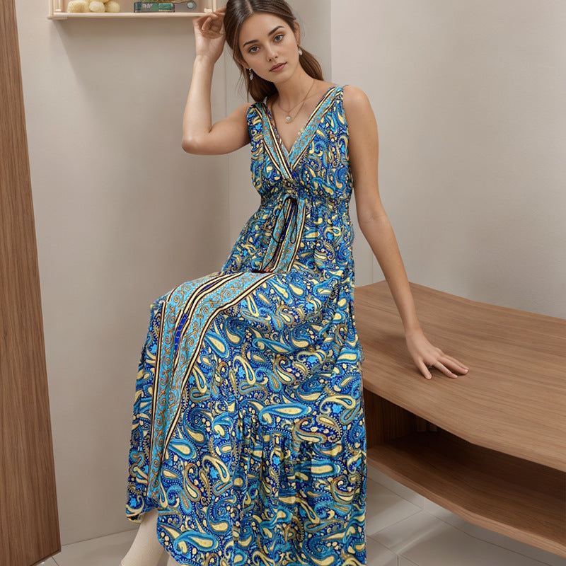 Bohemian Cotton Sleeveless V Neck Long Maxi Dresses