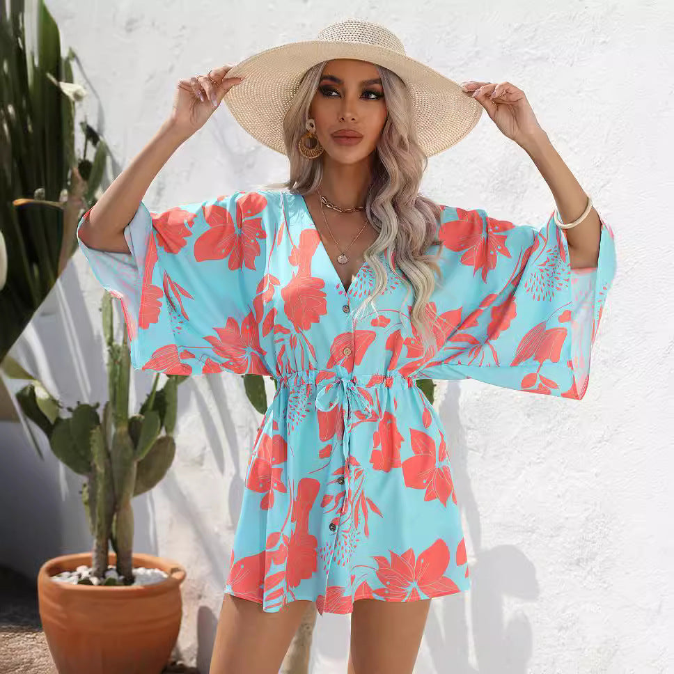 Women's Summer Leaf Print Short Sleeve Short Mini Dress