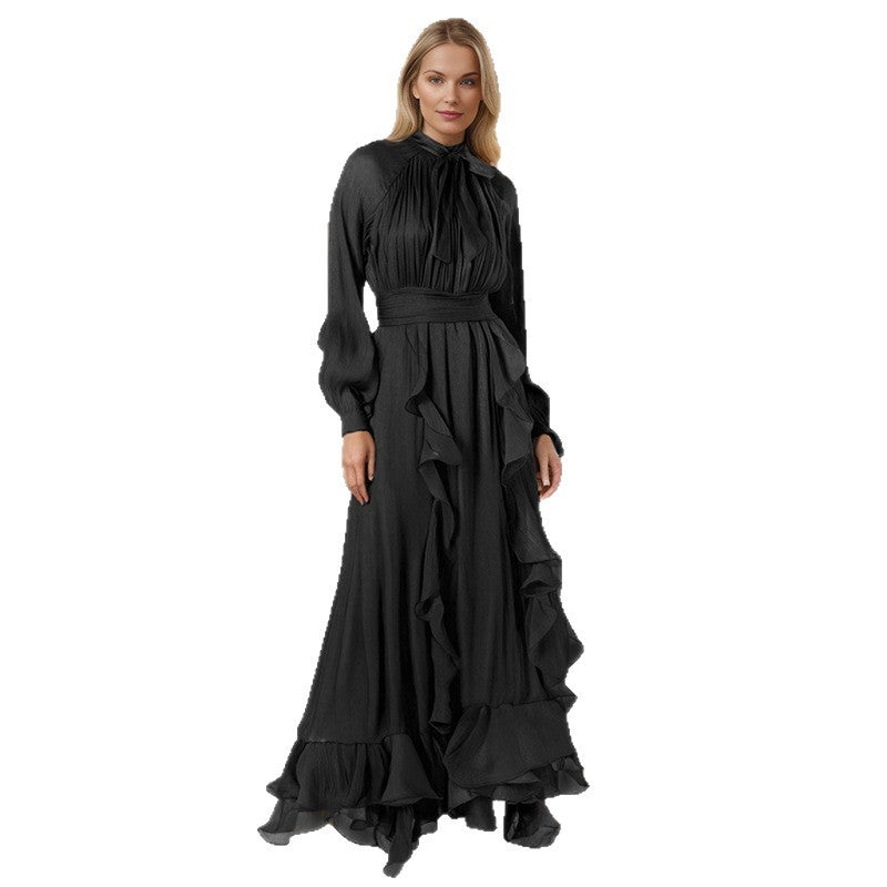 Designed Elegant Fashionable Lantern Sleeve & Ruffled Hem Solid Color Summer Dress for Women