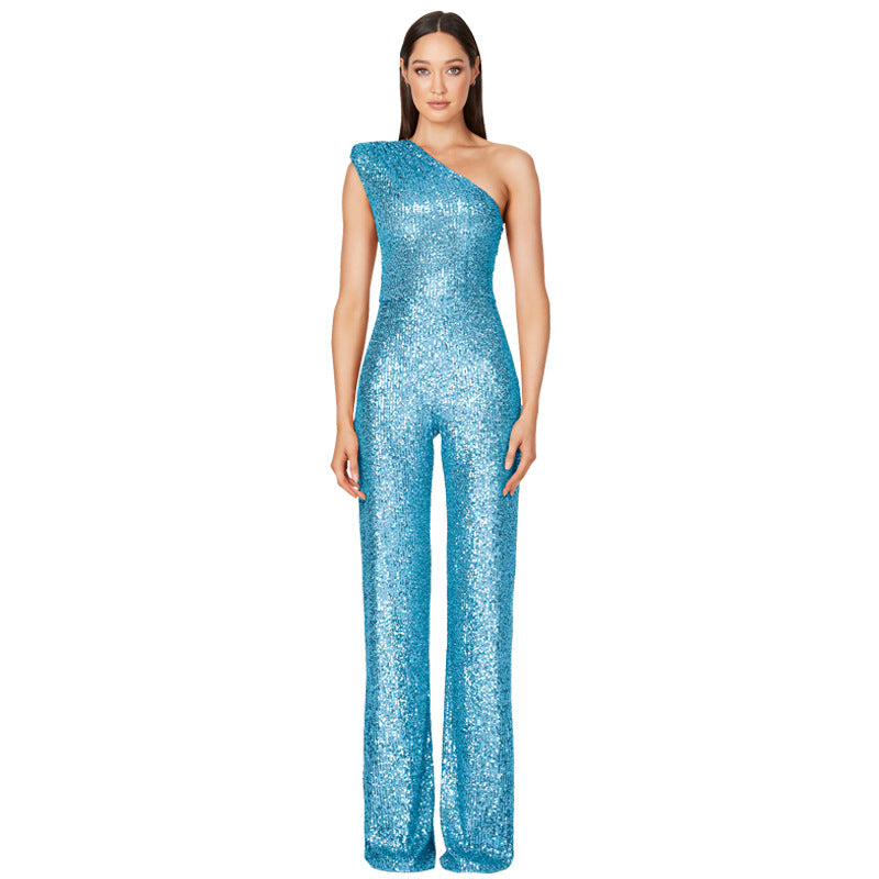 Sexy One Shoulder Sequined Jumpsuits