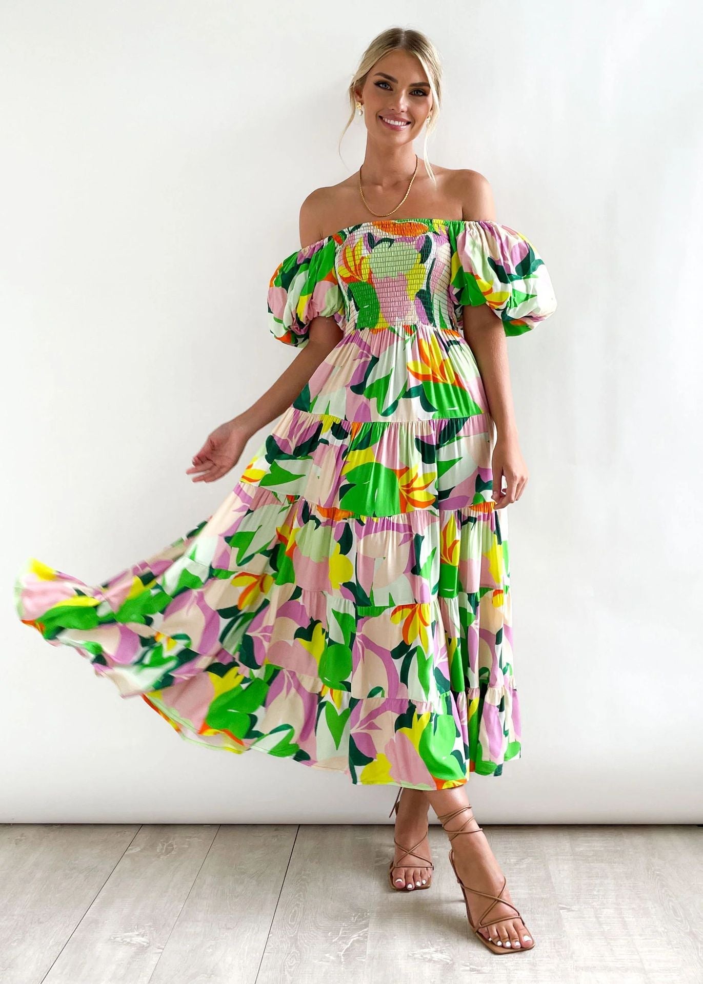 Casual Off The Shoulder Floral Print Long Dresses