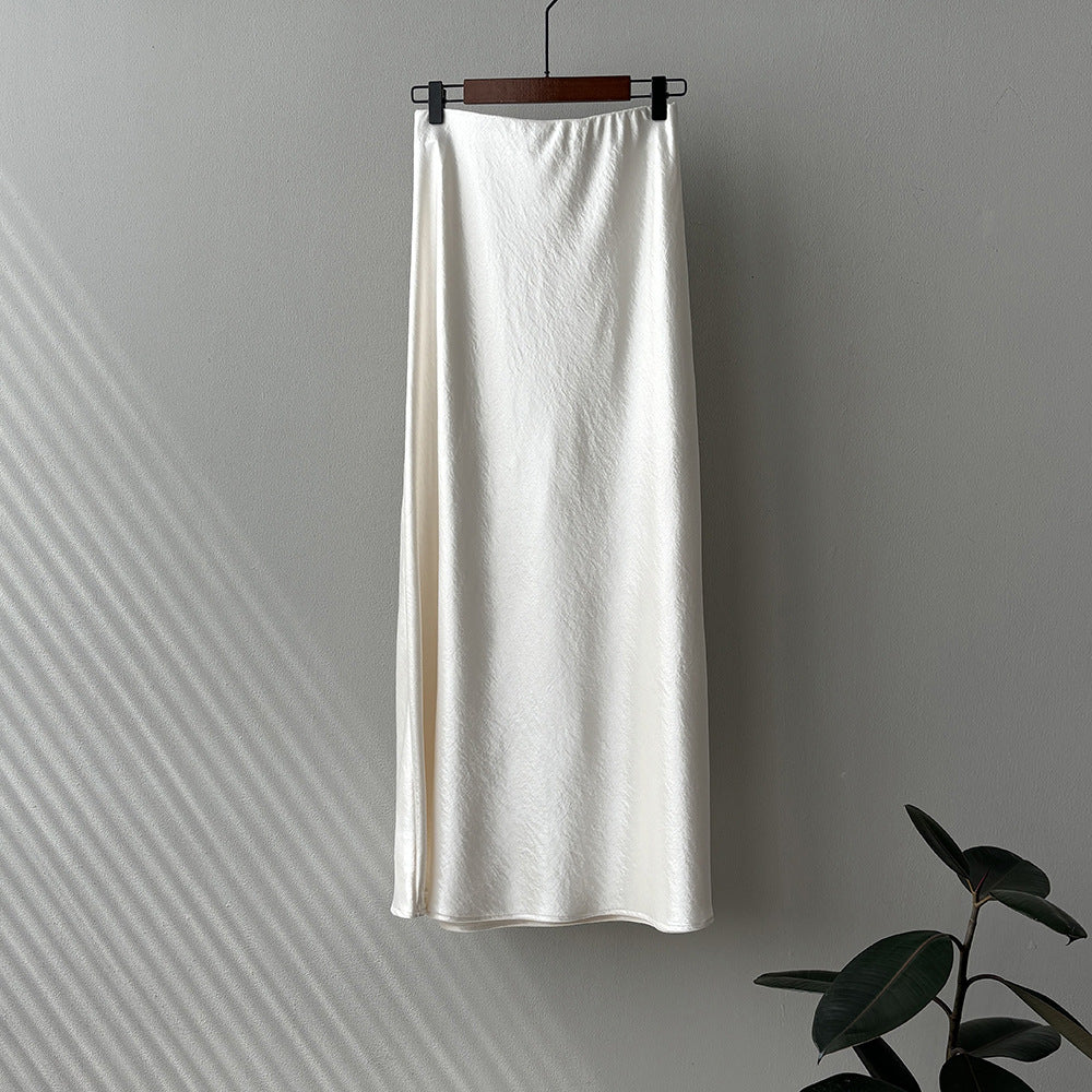 uxury Satin Midi Skirt – High Waist Bodycon Fishtail Skirt with Textured Detail-White-M-Free Shipping Leatheretro