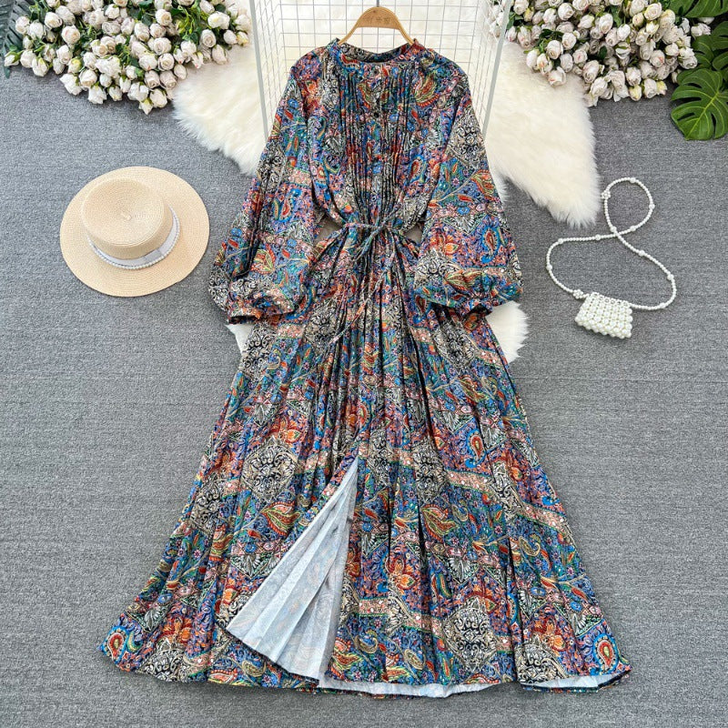 Retro Palace Style Lantern Sleeve Round Neck A-Line Floral Print Button-Down Waist Dress