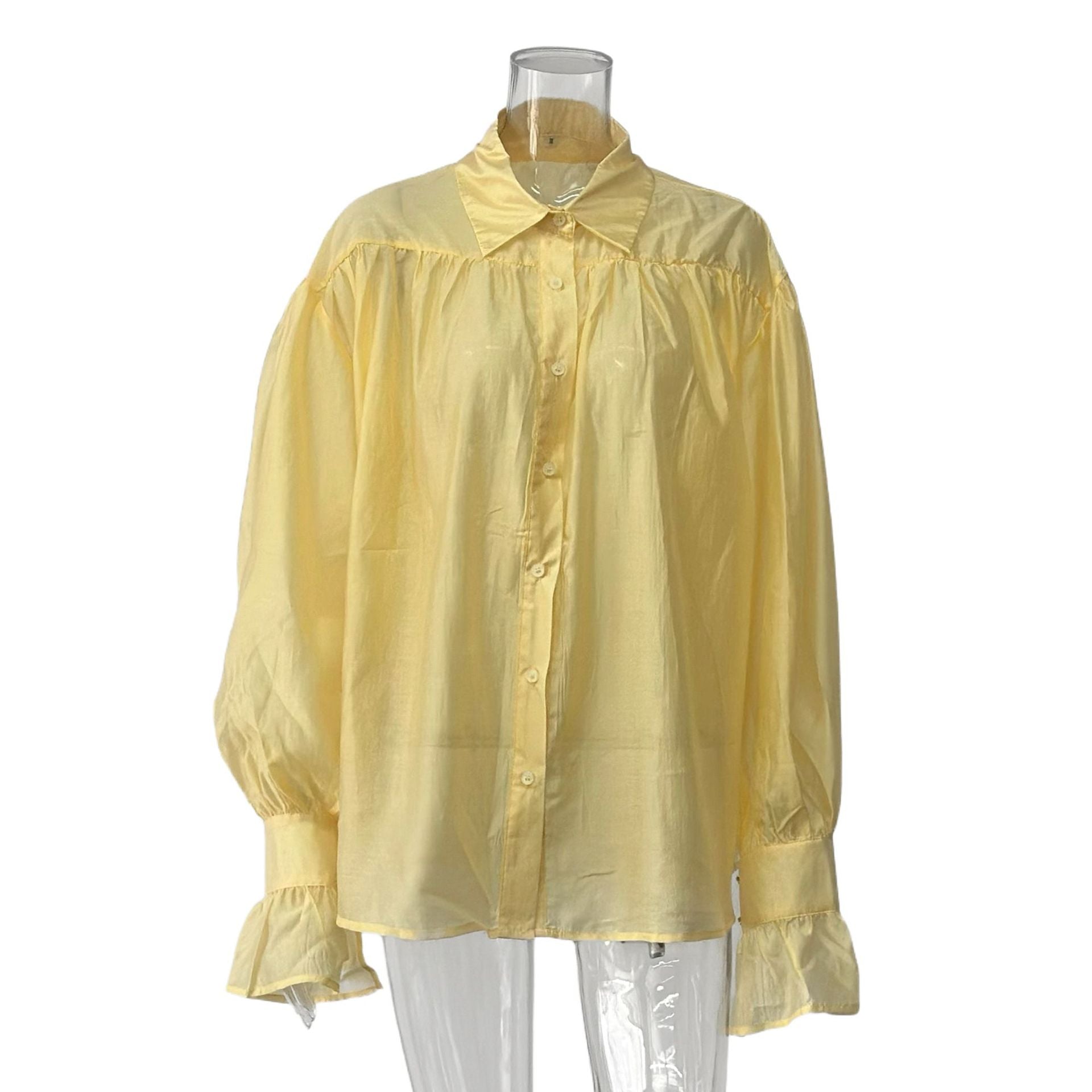 Women's Sheer Sexy Solid Color Blouse Shirts-Yellow-S-Free Shipping Leatheretro
