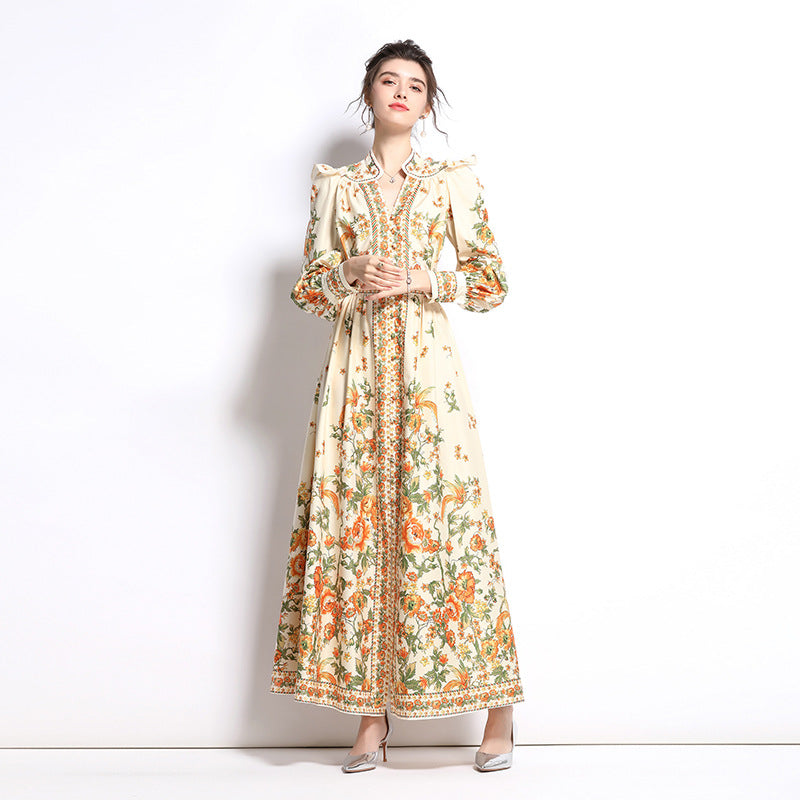 Vintage Designed V Neck Hand Made Long Sleeves Dresses