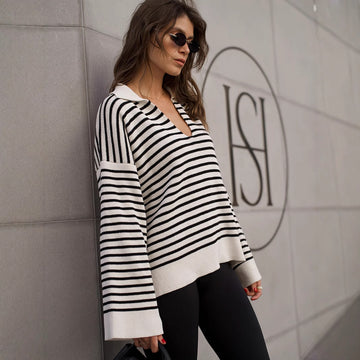 Women's Loose-Fit Black Striped Sweater