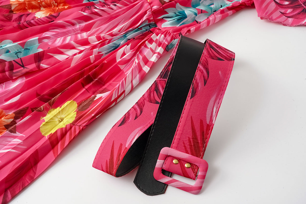 Summer Floral Print Crinkle Midi Short Sleeve Dress