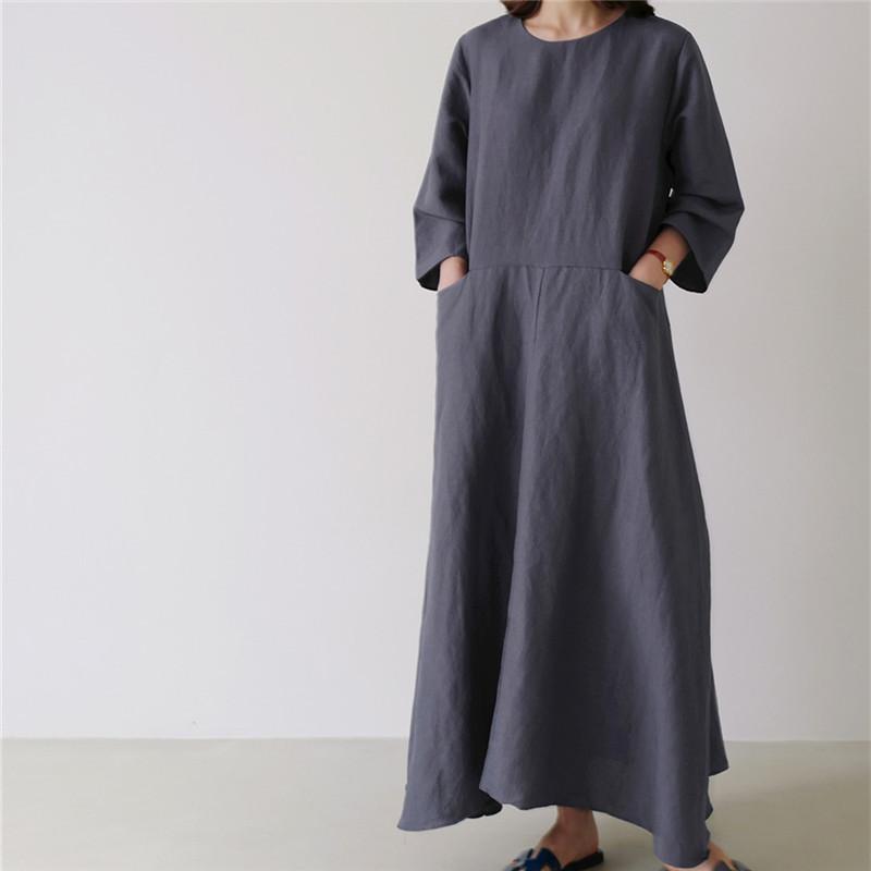 Plus Size Casual Linen A Line Long Dress-Maxi Dreses-Dark Blue-S-Free Shipping at meselling99