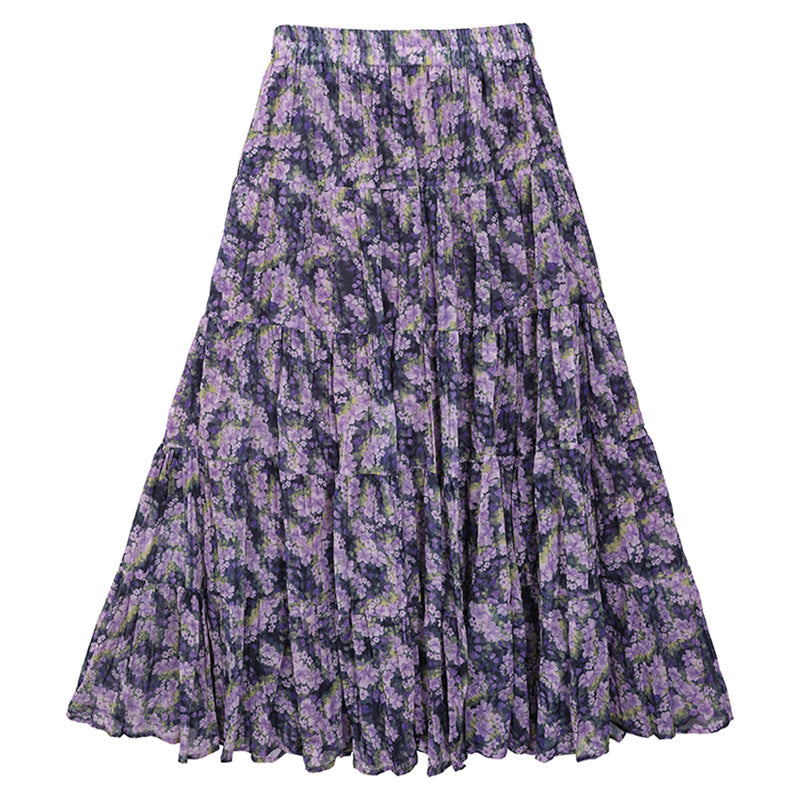Yuan Su's new summer Wizard of Oz floral pleated skirt, high waist versatile and thin wrinkled A-shaped big swing skirt-Violet-one size fits all-Free Shipping Leatheretro