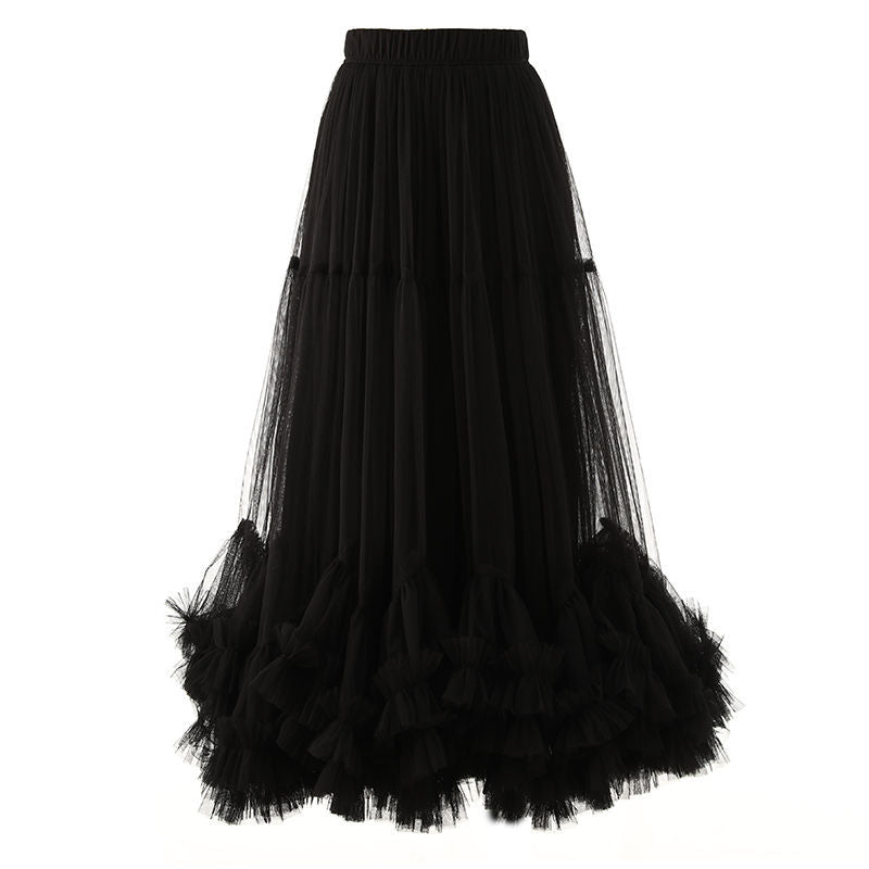 Layered Tulle Skirt with Floral Lace Trim-black-One Size-Free Shipping Leatheretro