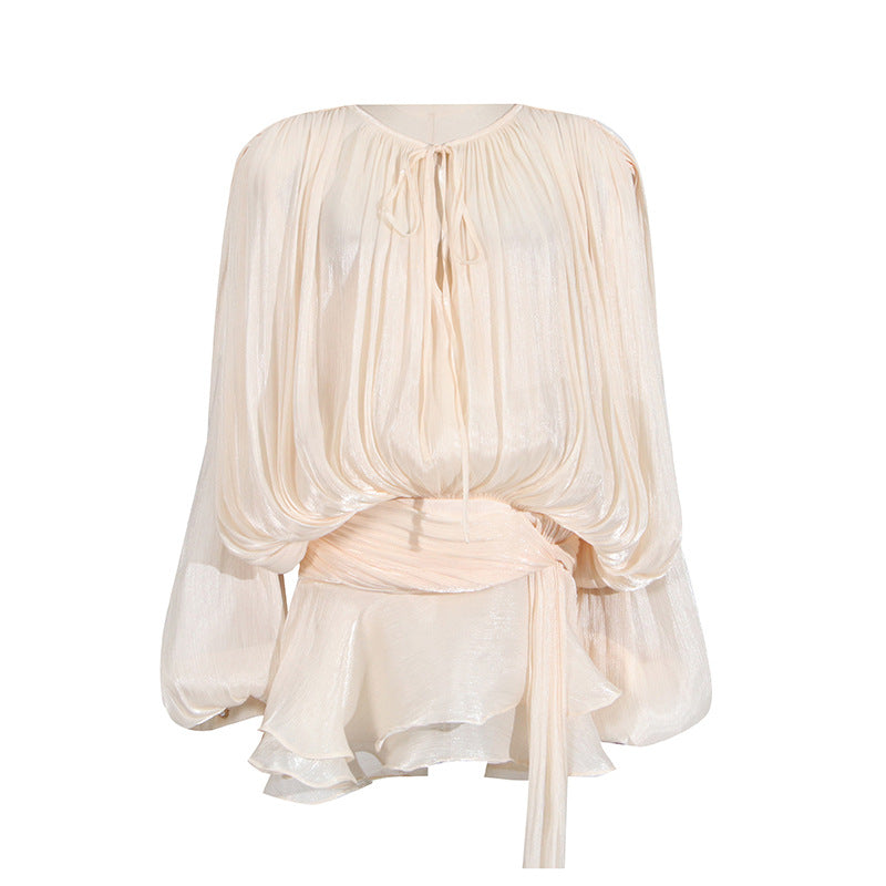 Designed Sweet Style Beach Dress – Loose Fit Long Sleeve Wrap Belt Waist Mini Dress