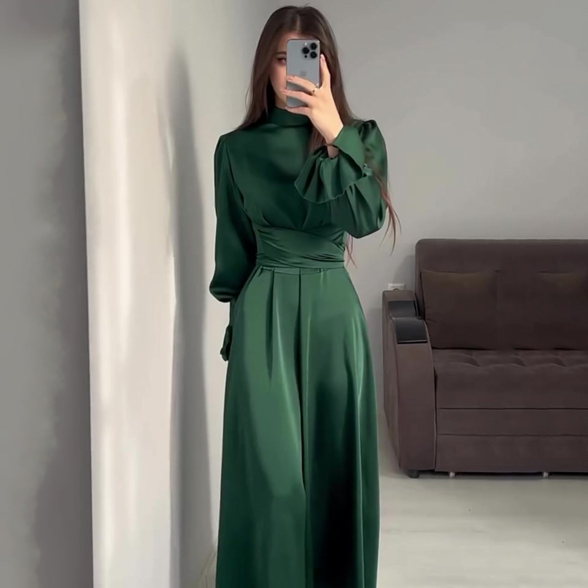 Elegant Long-sleeved Waist-tied Puff-sleeved  Women Dresses