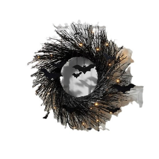 Halloween Black Bat Wreath with LED Lights - Wall Hanging Decor
