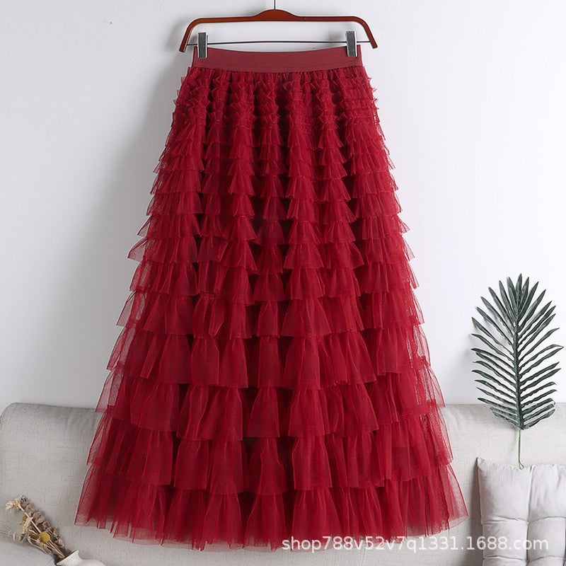 A-Line Mid-Length Tulle Skirt with Layered Mesh Insert