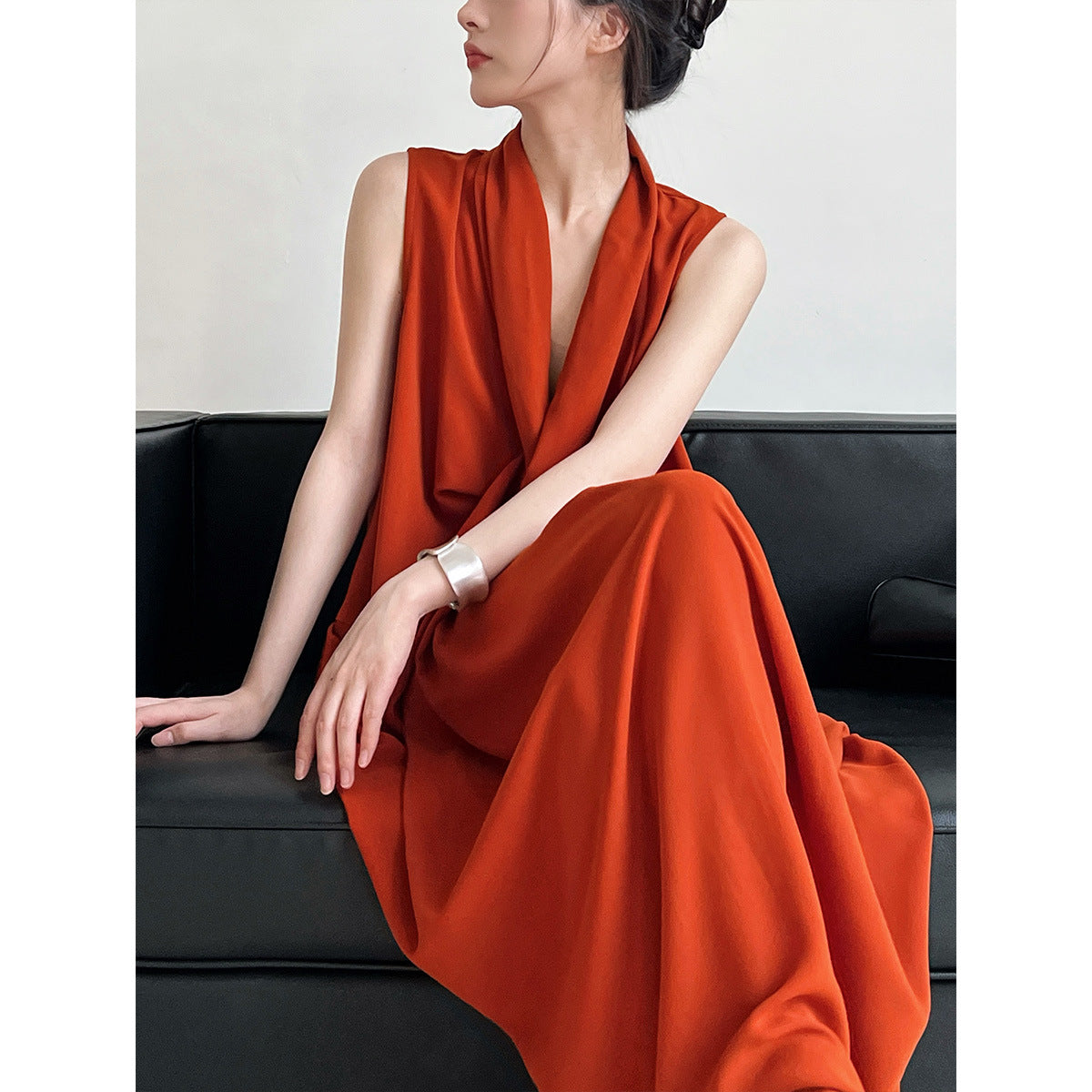 Women's V-Neck Sleeveless Twist Knot Long Dress-Pumpkin color-M-Free Shipping Leatheretro