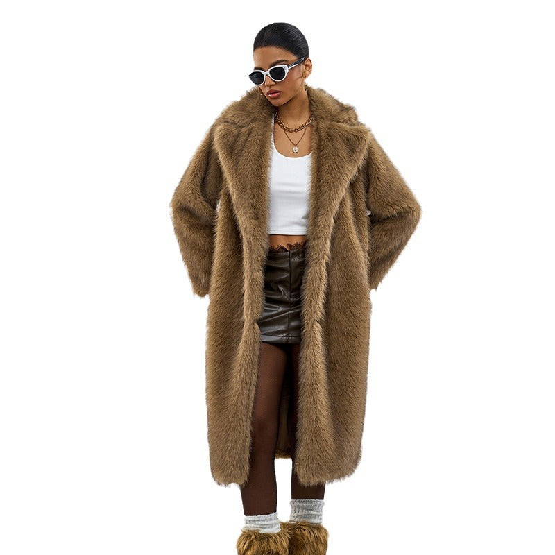 Women's Long Faux Fur Coat – Winter & Autumn Oversized Blazer Collar Jacket