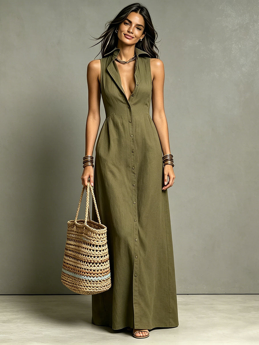 Women's Summer Sleeveless Lapel Collar Maxi Dress