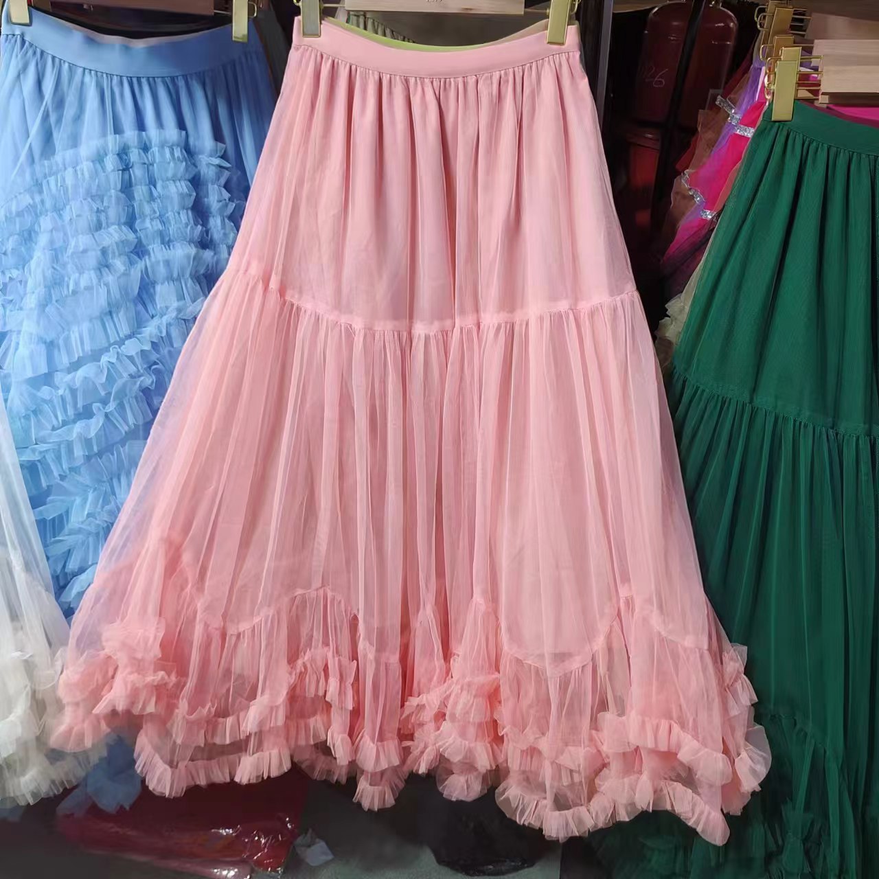 Layered Tulle Skirt with Floral Lace Trim-Pink-One Size-Free Shipping Leatheretro
