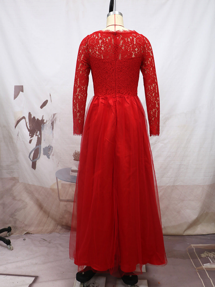 Elegant Long Sleeves Red Lace Evening Dresses-Dresses-Free Shipping at meselling99