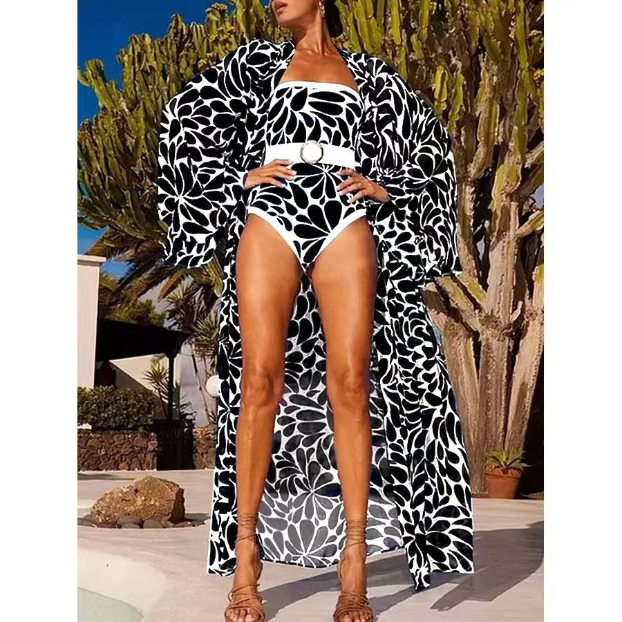 Women's Fashion Print One-Piece Swimsuit with Long Sleeve Cover-Up