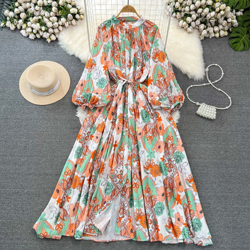 Retro Palace Style Lantern Sleeve Round Neck A-Line Floral Print Button-Down Waist Dress