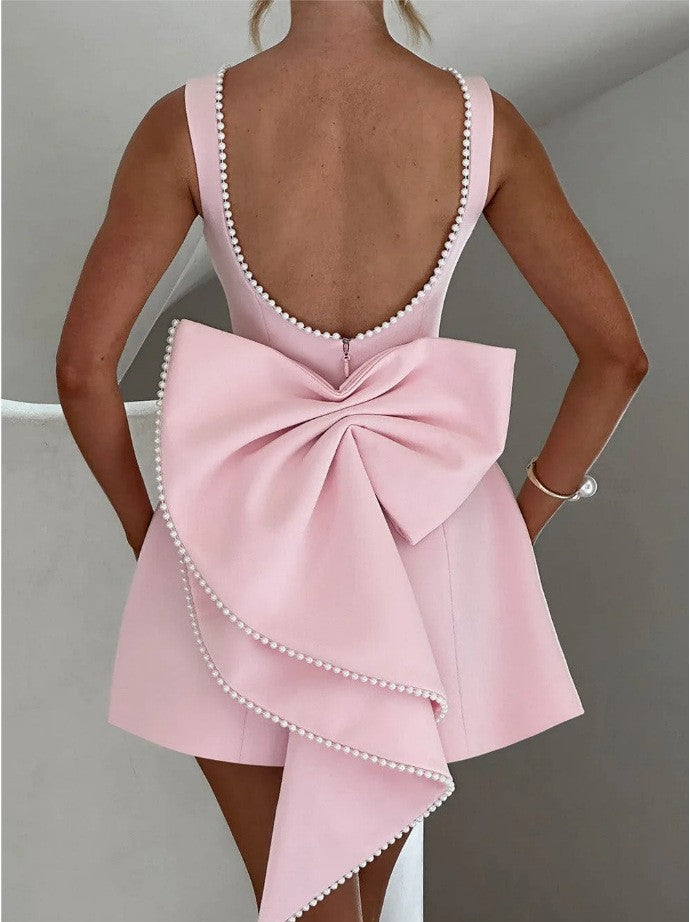 Summer Pearl Bow Backless A-Line Mini Dress