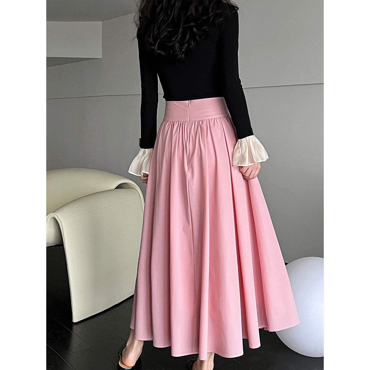 Elegant Pink Midi Skirt – Flowy A-Line Pleated Skirt with High Waist
