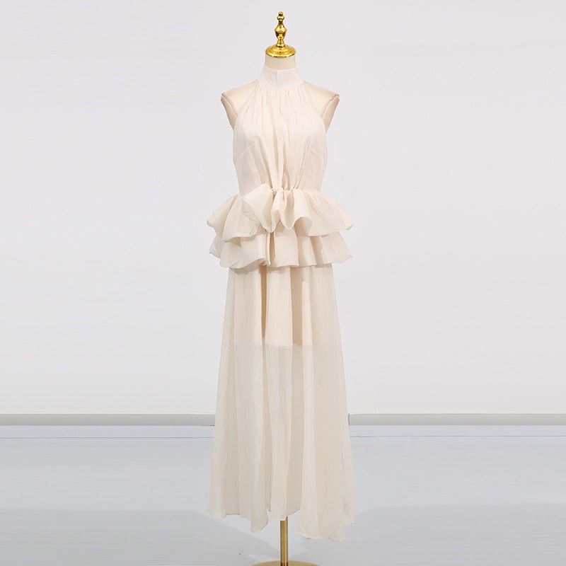 Elegant High-Neck Sleeveless Summer Dress with Waist Ruffle Detail