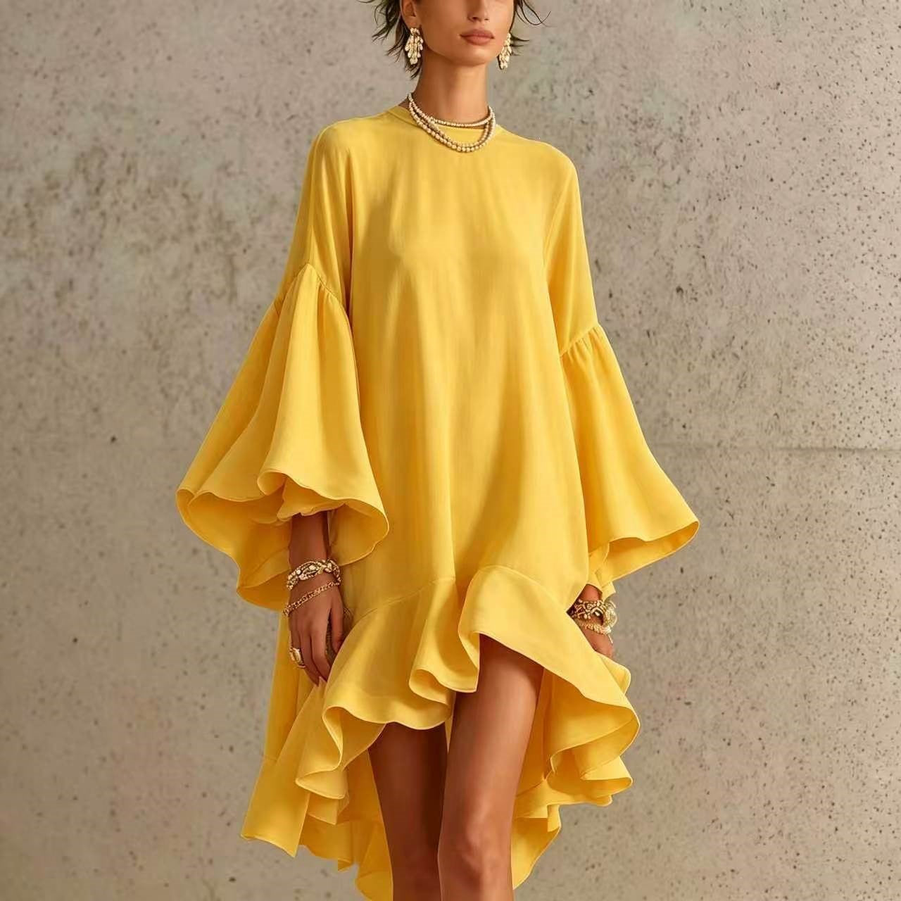 Solid Color Round Neck Flared Bell Sleeve Asymmetrical Hem Oversized Dress