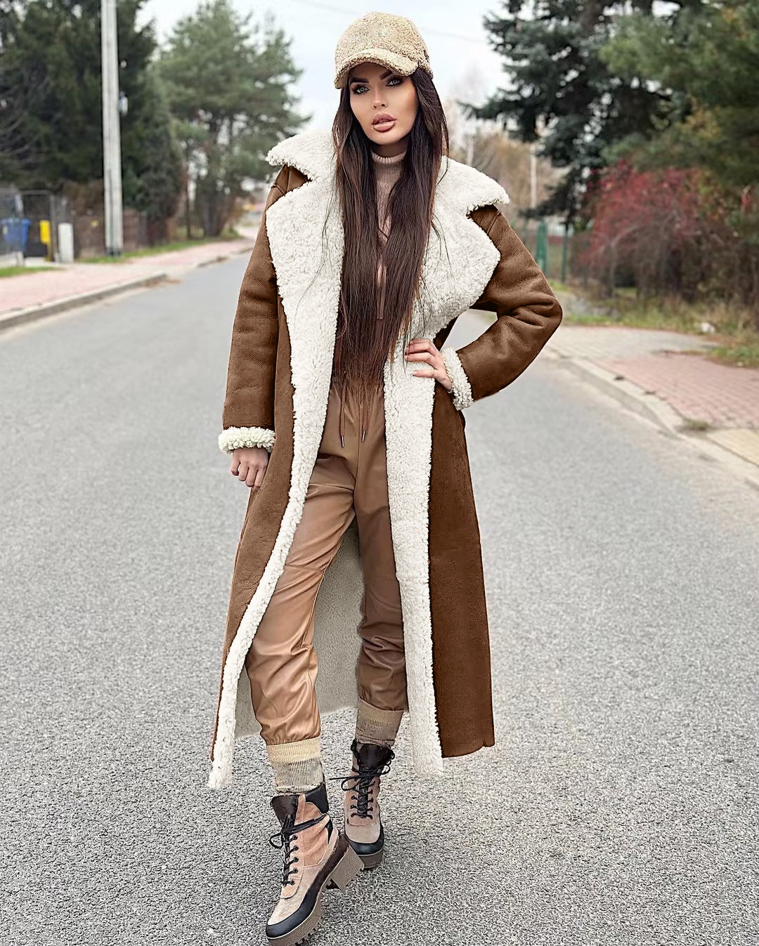 Women's Faux Leather & Fur Long Coat