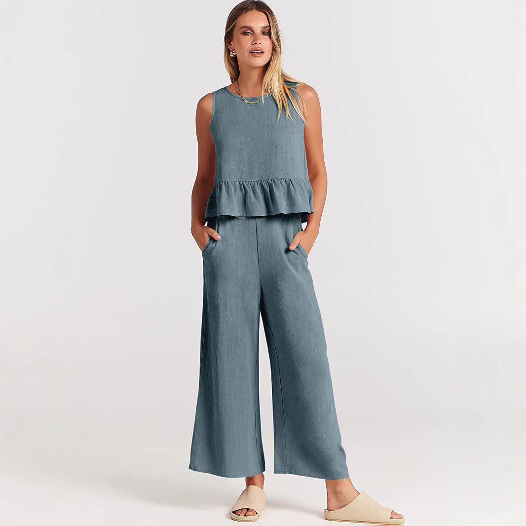 Women's Summer Sleeveless Pleated Vest & Wide-Leg Cropped Pants Casual Set