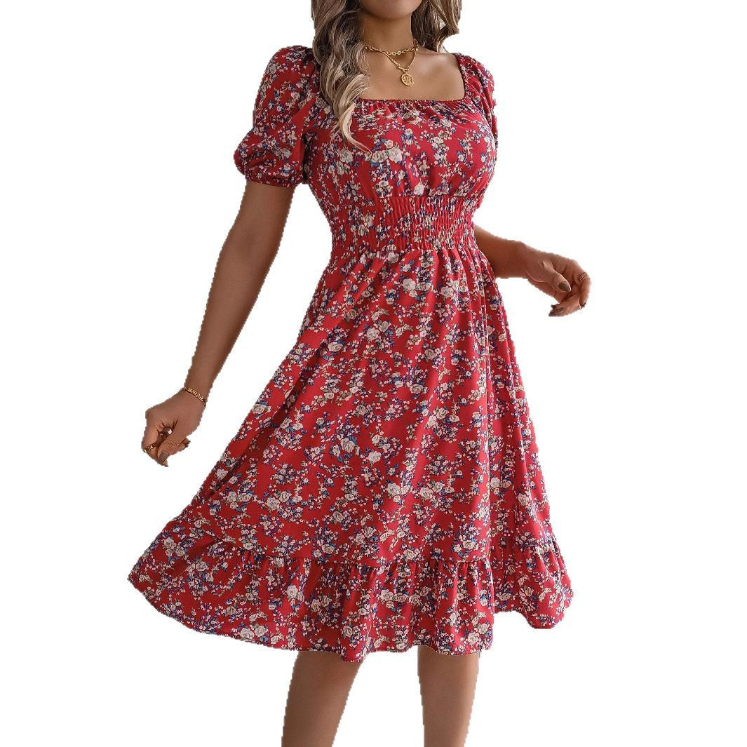 Floral Print Square Neck Short Sleeve Wrap Waist Ruffle Hem Dress