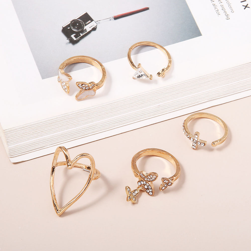 5-Piece Cross, Triangle, Heart Hollow-Out Drop Oil Butterfly Ring Set