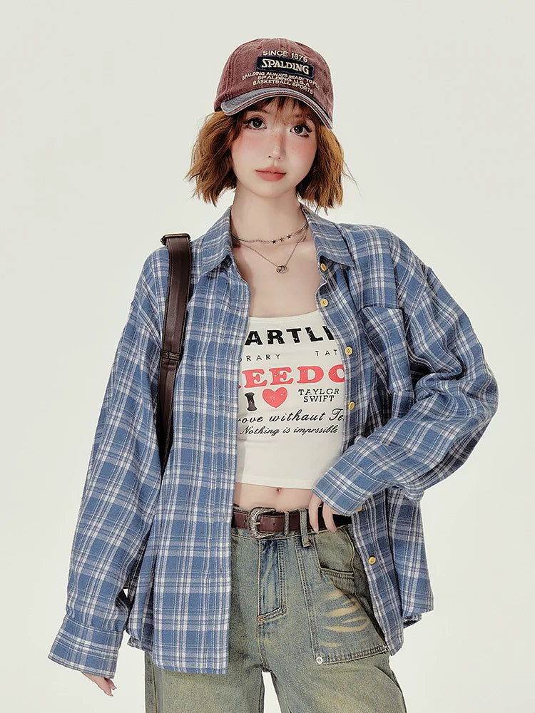 Girlyhalo Women's Blue Plaid Shirt - Oversized Fall Shacket for a Youthful Look