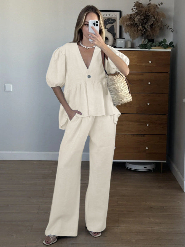 Sweet Solid Color Cotton Set - V-Neck Top & Bubble Sleeve Shorts 2-Piece Outfit