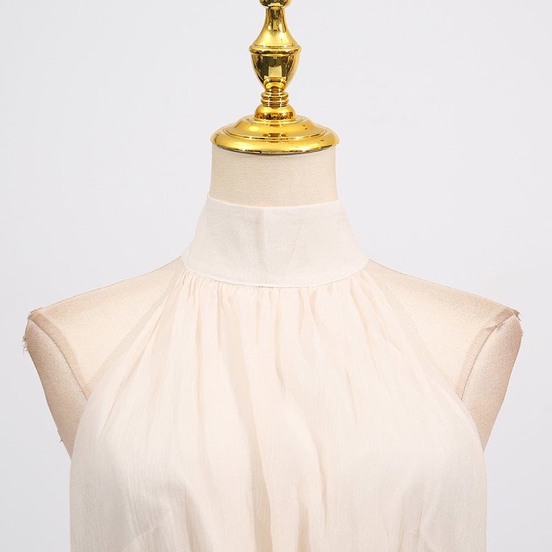Elegant High-Neck Sleeveless Summer Dress with Waist Ruffle Detail