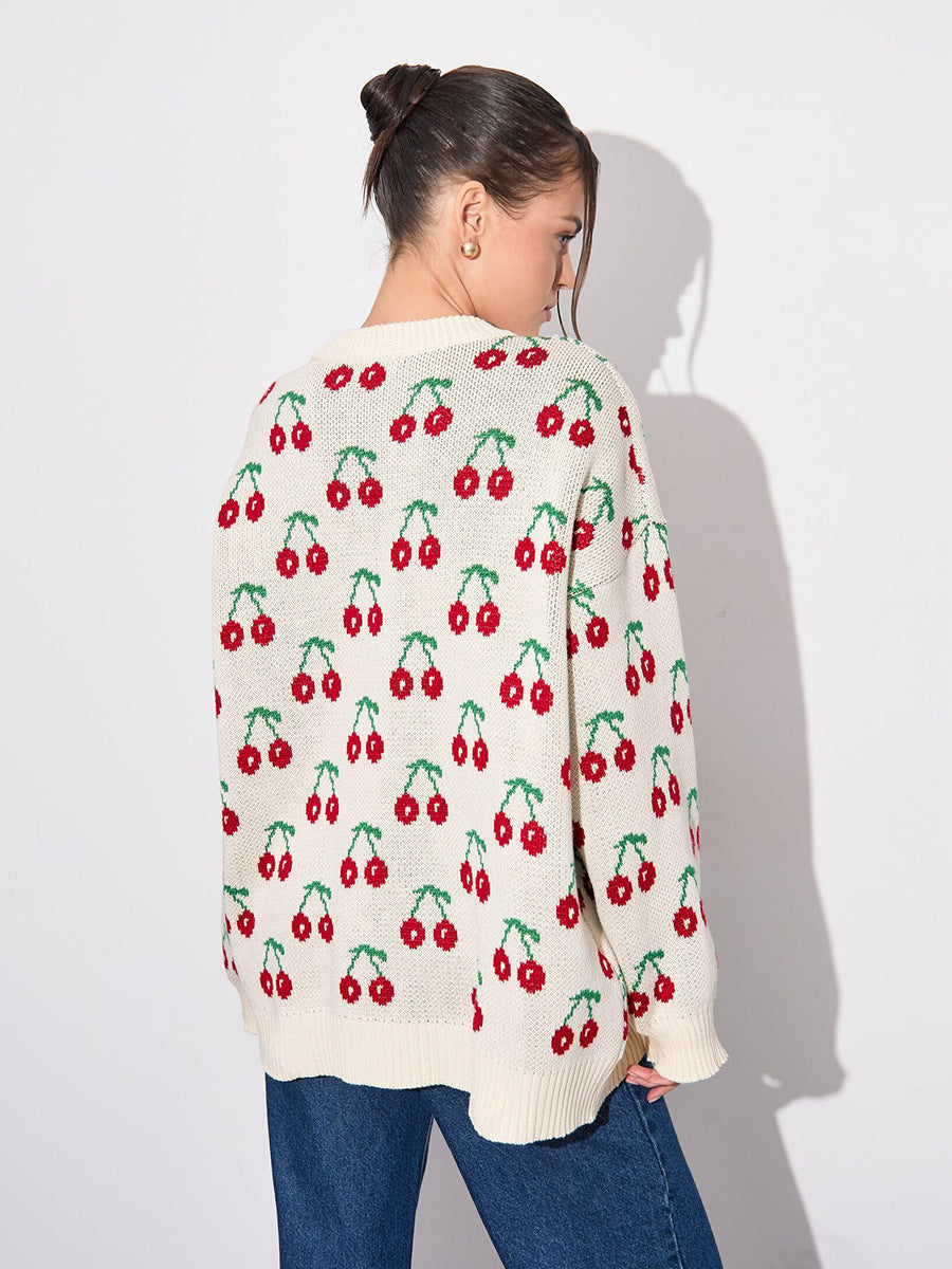 Sweet Cherry Print Sweater - Loose Knit Oversized Pullover