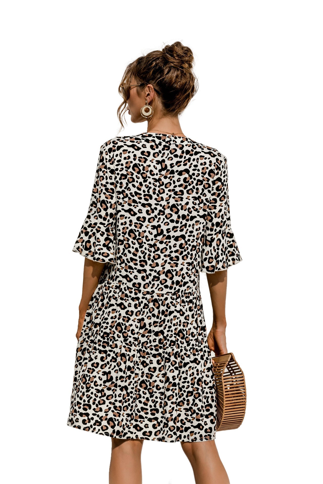 Women's V-Neck Flared Sleeve Tiered Contrast Panel Dress