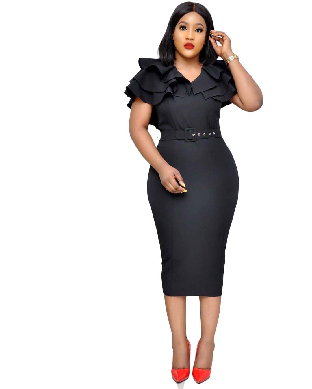 Elegant Women Ruffled Office Lady Dresses-Dresses-Black-S-Free Shipping at meselling99