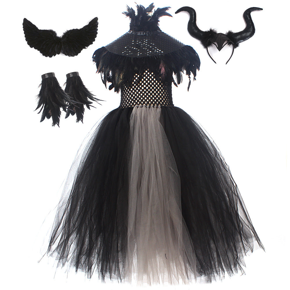 Halloween Glitter Feather Collar Witch Long Dress