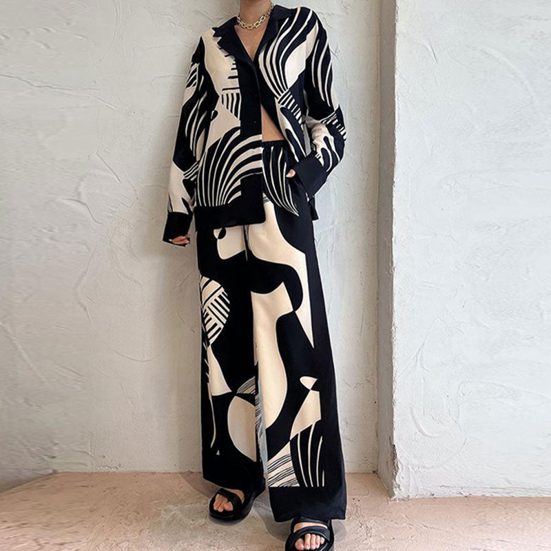 Printed Stand Collar Batwing Sleeve Loose Top with High-Waisted Wide-Leg Pant