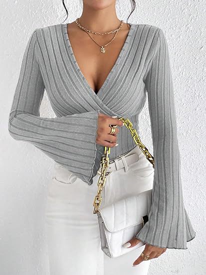 Fashion V Neck Knitted Long Sleeves T Shirts