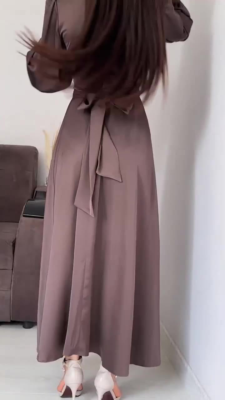 Elegant Long-sleeved Waist-tied Puff-sleeved  Women Dresses