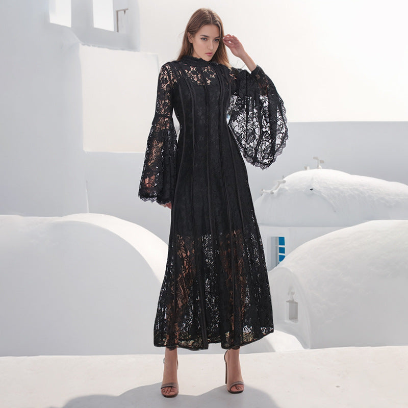 Retro Elegant Summer Lace Embroidered High-Waist Pleated Dress