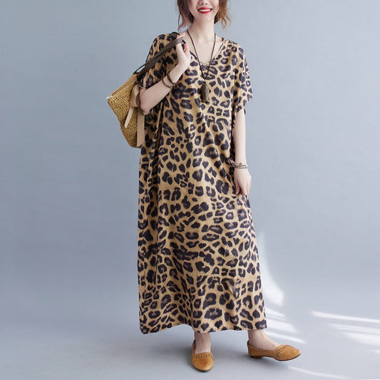 Plus Sizes Women Leopard Short Sleeve Cozy Dresses-Cozy Dresses-Leopard-One Size-Free Shipping at meselling99